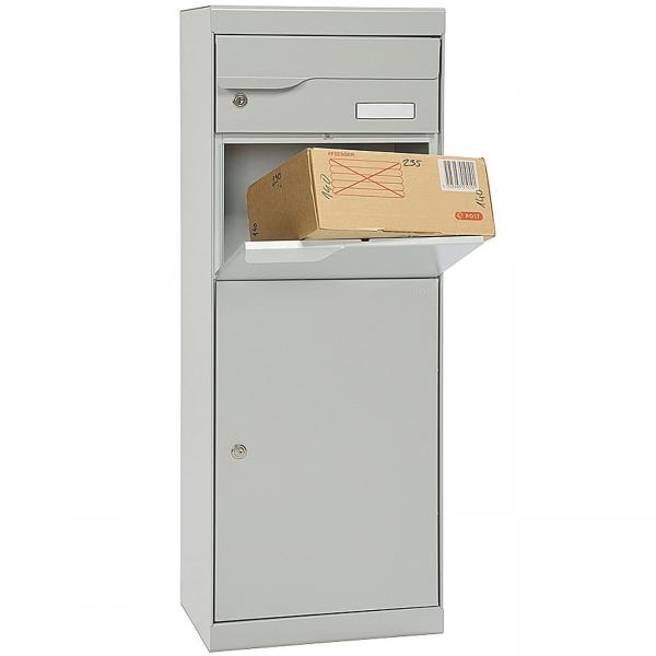 Paketbriefkasten Mefa Etna 771 Weiß-Aluminium RAL 9006 Entnahme vorne mit Namensschild